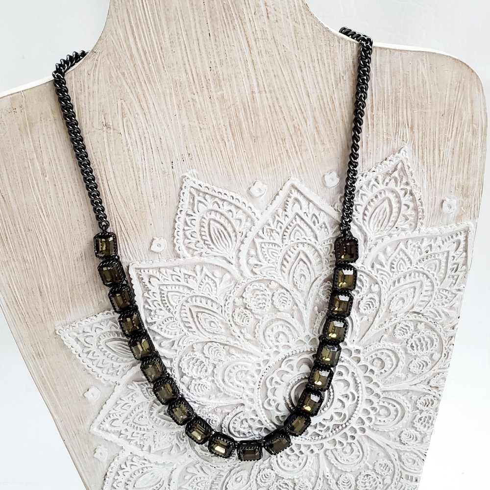 Fossil Black Metal Green Glass Necklace
